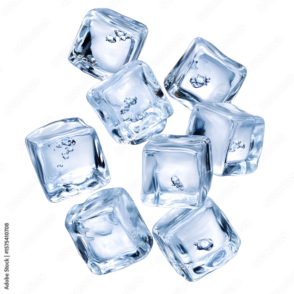 Obraz premium Transparent Ice Cubes Falling on White Background