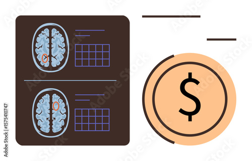 Brain scans with marked areas next to a dollar sign symbolizing mental health funding, medical investment, cost of research, neuroscience value, healthcare economy, decision-making, simple flat