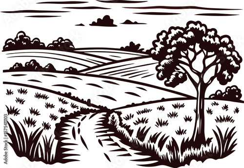 Hand drawn rural landscape with winding path, tree, and distant hills in vintage engraving illustration