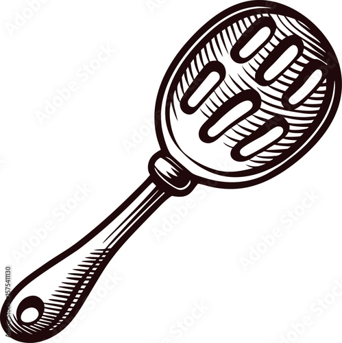 Vintage engraved illustration of a slotted spoon utensil with detailed wooden handle isolated on white background