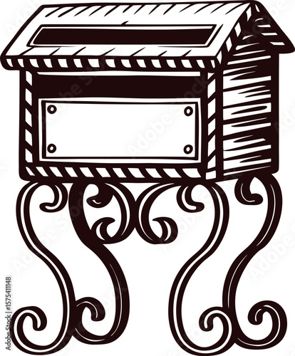 Vintage hand drawn mailbox on ornate curved legs, antique wooden box illustration, isolated classic sketch