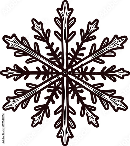 Hand drawn detailed snowflake illustration with bold black lines and symmetrical winter design