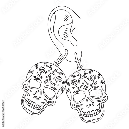 Ear with skull earrings in line art style illustration