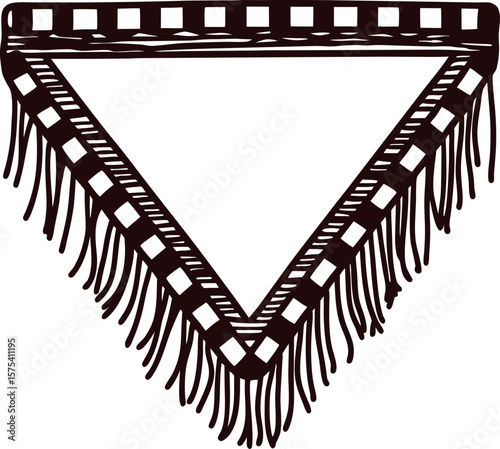 Hand drawn triangular bandana with fringe and checkered border design isolated on white background