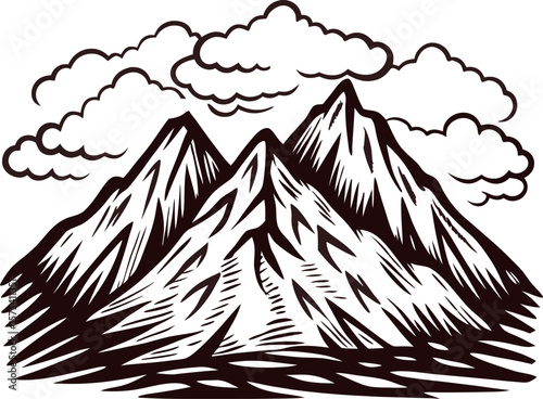 Hand drawn mountain landscape with clouds and rugged peaks in vintage engraved illustration