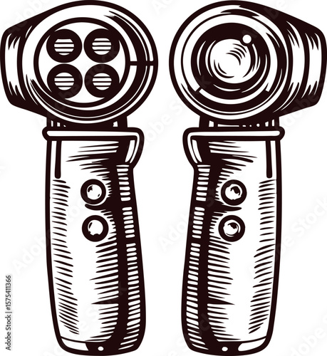 Engraved illustration of vintage electric shaver with dual heads and detailed handle isolated on white background