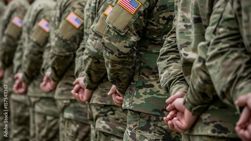 A line of soldiers in camouflage uniforms stand at attention, representing military service and patriotism