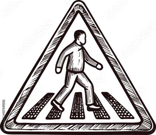 caution pedestrian crossing triangular sign with person walking on zebra lines, vintage hand drawn sketch