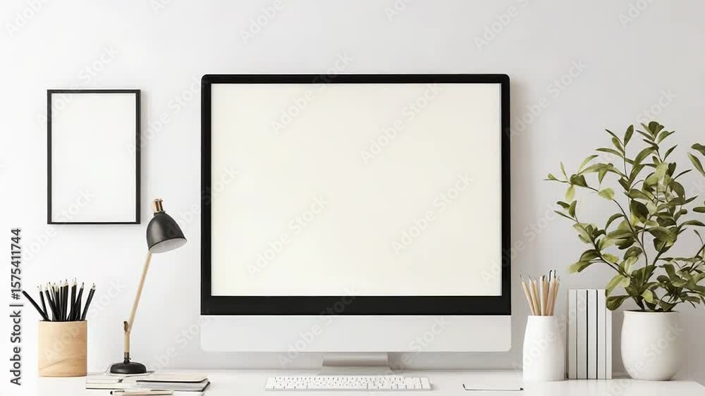 Modern home office setup featuring blank computer screen and minimalist decor