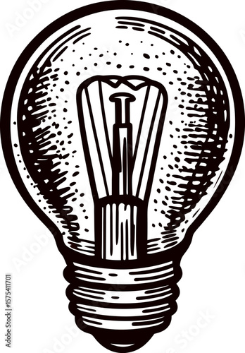 Vintage hand drawn lightbulb illustration with intricate filament and engraved details on white background