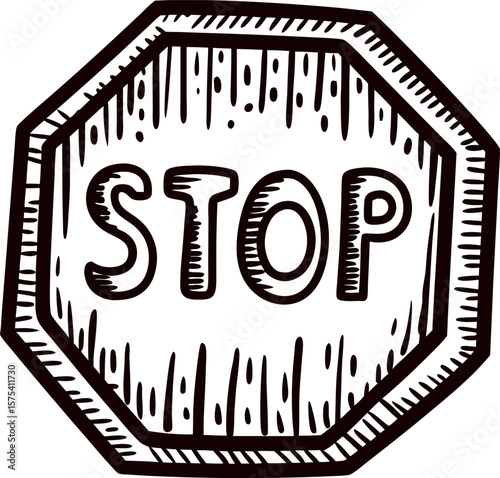 Hand drawn octagonal stop sign with wooden texture and bold lettering in vintage sketch illustration