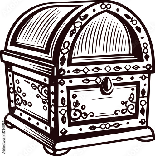 Hand drawn ornate treasure chest with decorative patterns and curved lid in vintage engraving illustration