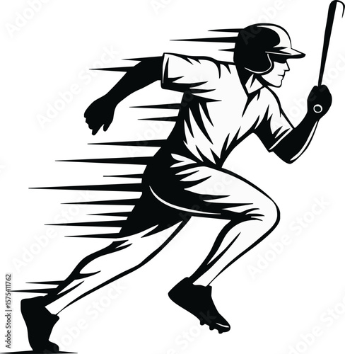 A stylized black and white illustration of a baseball player sprinting with a bat.