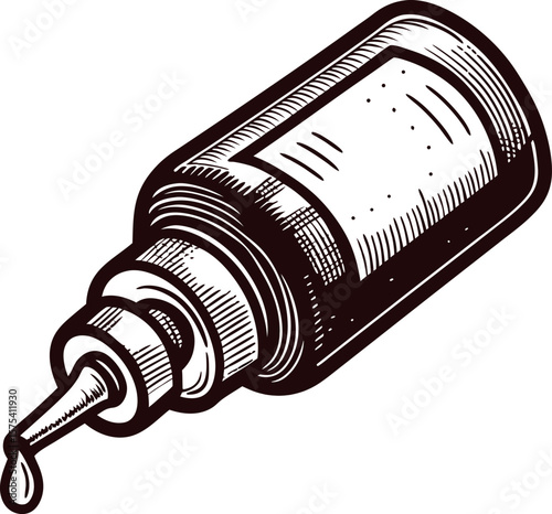 Vintage engraved illustration of an eye drop bottle with a droplet at the tip isolated on white background