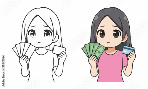 girl choosing between money and credit card coloring page for kids