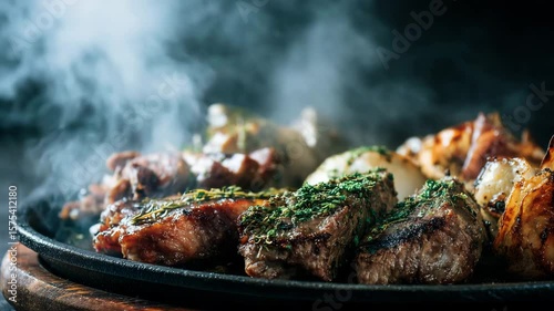 Sizzling hot plate with assorted grilled meats and vegetables, steaming profusely against a dark background. Close up shot emphasizes texture and smoke.