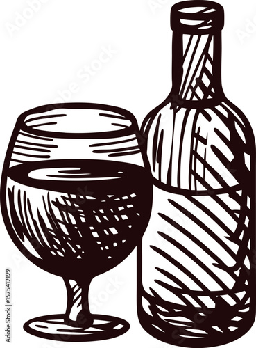 Hand drawn wine bottle and filled glass rustic vintage sketch illustration on clean white background