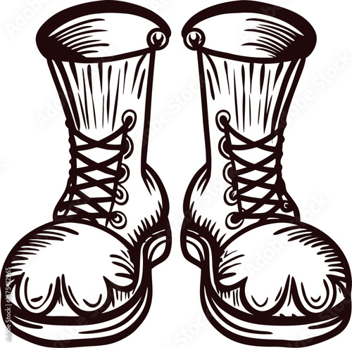 Hand drawn vintage work boots classic lace up footwear illustration with detailed engraving lines and rugged sole design