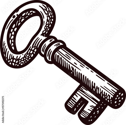 Hand drawn antique metal key isolated vintage engraved old skeleton key sketch illustration