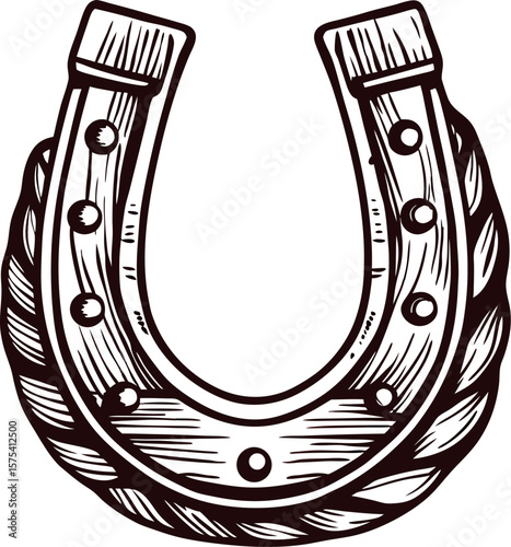Hand drawn vintage horseshoe with braided rope in engraving isolated on white background