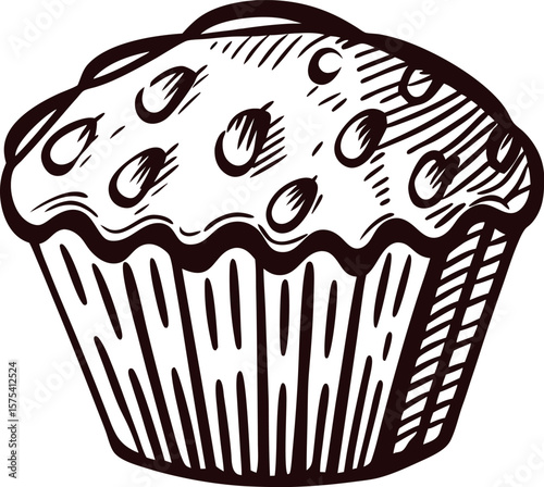 Hand drawn chocolate chip muffin illustration in vintage engraved with textured lines