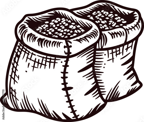 Vintage hand drawn illustration of two burlap sacks filled with coffee beans in rustic engraved on white