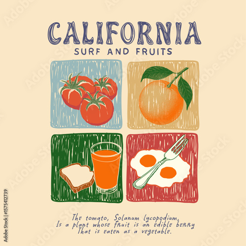 California Food fashion. tropical fruit in summer vibes. hand made tomato orange breakfasted graphics. women's food t shirt design.