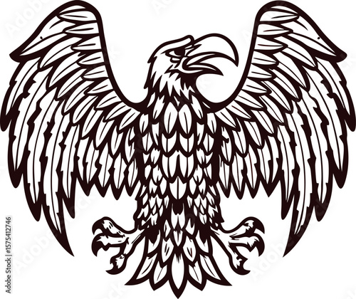 Detailed line art of majestic eagle with outstretched wings in heraldic vintage illustration