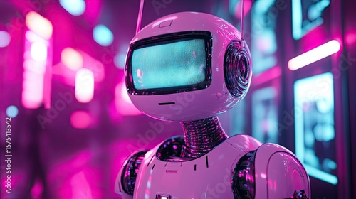 Retro-futuristic robot with a TV head, standing amidst glowing screens in vibrant pink and blue light.