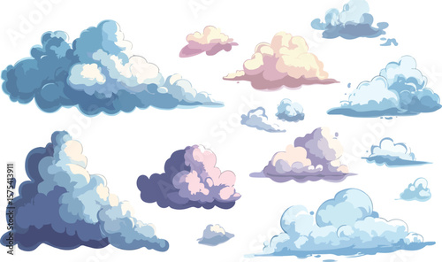 Stylized Cartoon Clouds in Various Colors on a White Background Illustration