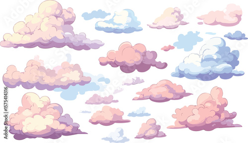 Cartoon Clouds Seamless Border with Pink and Blue Pastel Colors on White
