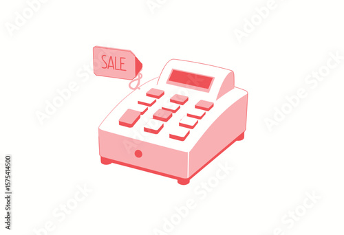 Cash register with sale tag on minimalistic pink background  