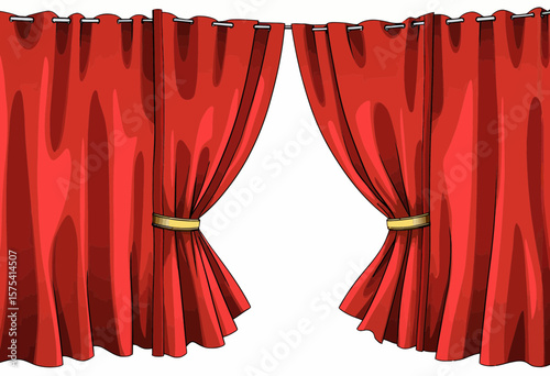 Red stage curtains drawn apart on white background  