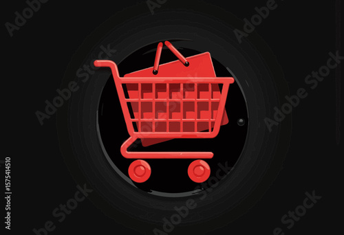 Red shopping cart icon with bags on black background  