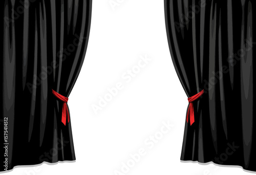 Black stage curtains with red ties on a white background  