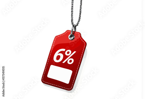 Red price tag with discount percentage hanging on chain  