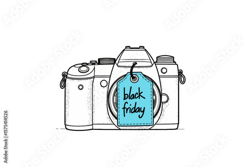 Camera illustration with Black Friday tag in minimalist style  