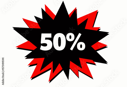 Discount label with 50% text in vibrant red and black explosion  