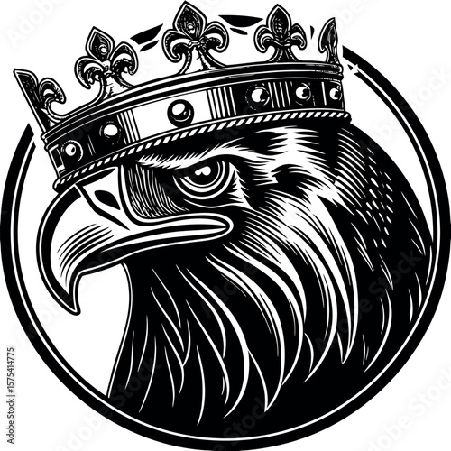 Majestic eagle wearing a regal crown in a circular emblem