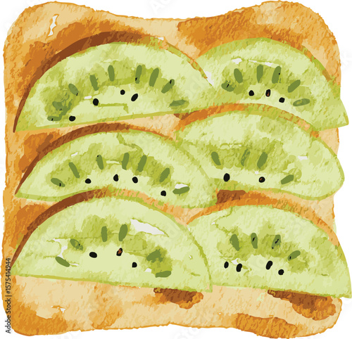 A vibrant watercolor illustration of a kiwi fruit sandwich, showcasing healthy breakfast or snack ideas with fresh fruit