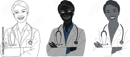 Three versions of a doctor with arms crossed wearing a white coat and stethoscope