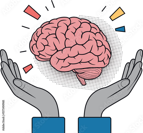 Illustration of a pink brain floating above two hands with colorful geometric shapes around it