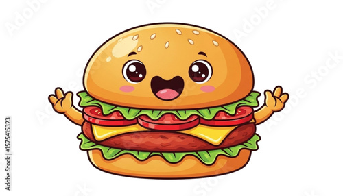 Cute cartoon burger with a smiling face and arms outstretched, featuring lettuce, tomato, cheese, and a patty between sesame seed buns.