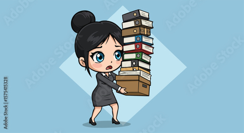 Woman Overwhelmed with Stack of Moving Boxes and Documents
