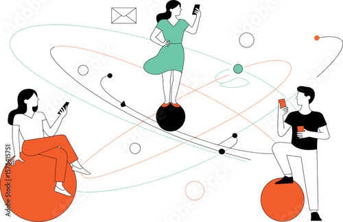 Illustration of three people using smartphones while sitting on spheres with abstract lines around them
