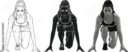 Three women in starting position in different shades of gray scale image