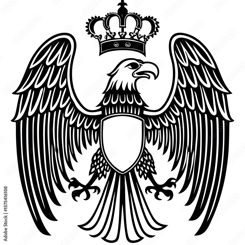Obraz premium Black and white stylized eagle with crown and shield emblem