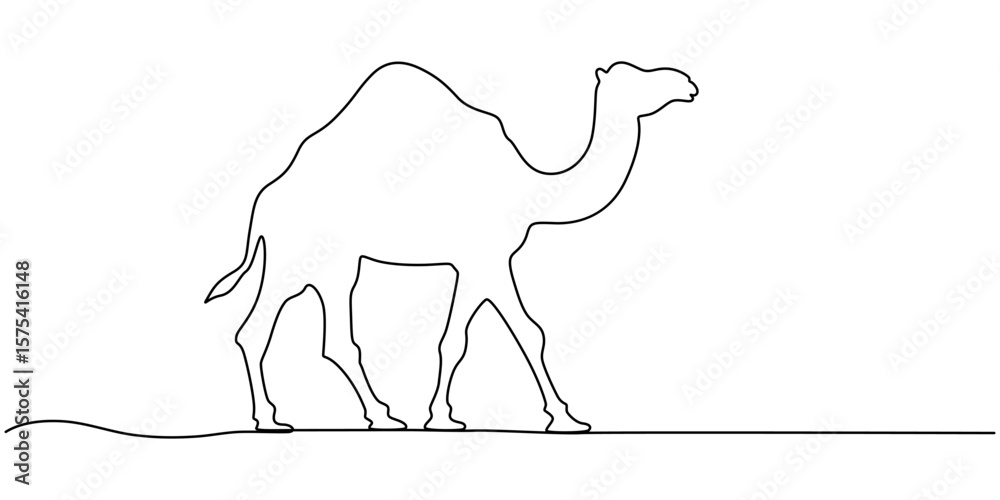 Fototapeta premium Camel continuous one line art drawing, Dromedary icon continuous one line drawing of outline vector illustration, Continuous line drawing of camel. Single line illustration of Arabian camel.