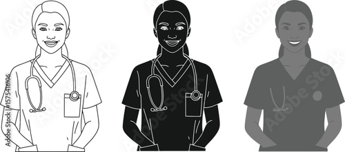 Three illustrations of a female doctor in different color variations