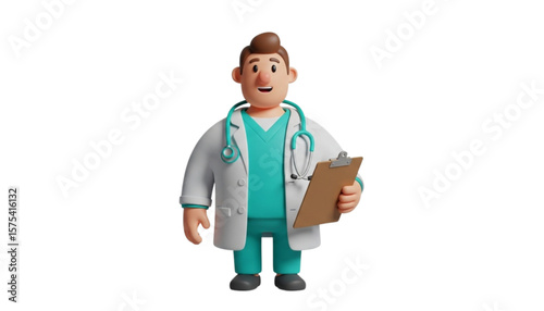 Cartoon doctor character holding a clipboard,  wearing a white coat and teal scrubs,  isolated on a white background.